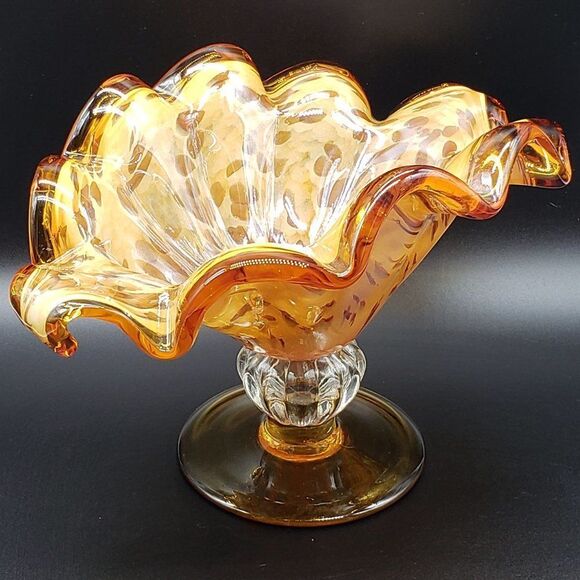 Murano Style Art Glass Amber Ruffled Console Bowl/Centrepiece - Picture 1 of 13